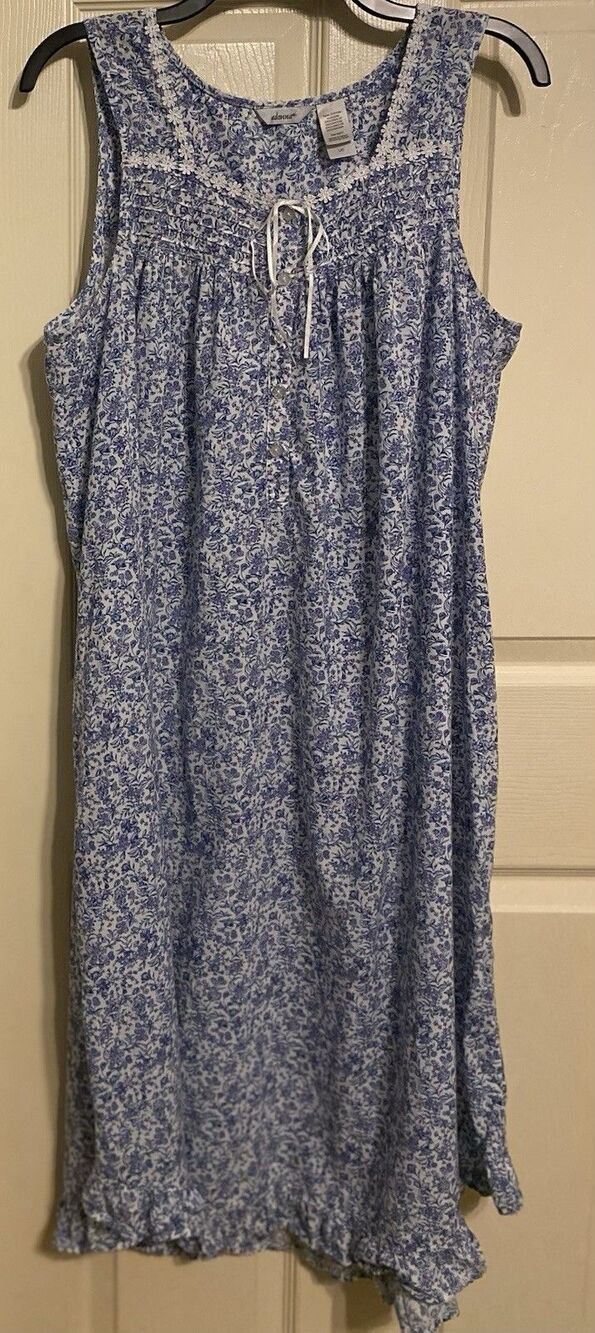 Adonna Womens L 100% Cotton Floral Ruffle Nightgown Blue Babydoll Cottagecore